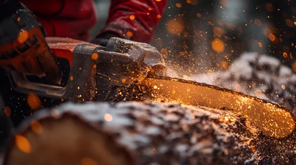 Zelfklevend Fotobehang Skilled Worker Using Chainsaw on Logs © artefacti