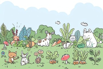 Cartoon cute doodles of a group of animals helping each other tend to a vegetable garden, Generative AI
