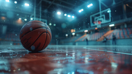 Obraz premium A basketball on the court facing the hoop.