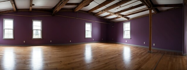 Wide angle panoramic view of purple walls on large empty room from Generative AI