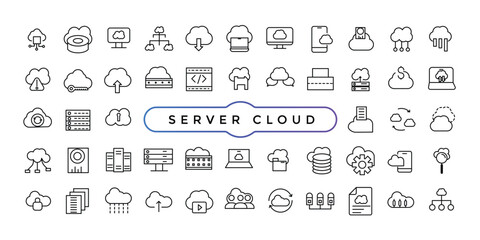 Set of line icons related to server and cloud computing, cyber security, digital transformation. Thin line web icon set.