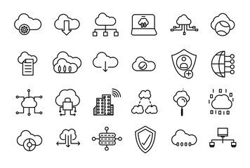 Set of line icons related to server and cloud computing, cyber security, digital transformation. Thin line web icon set. - obrazy, fototapety, plakaty