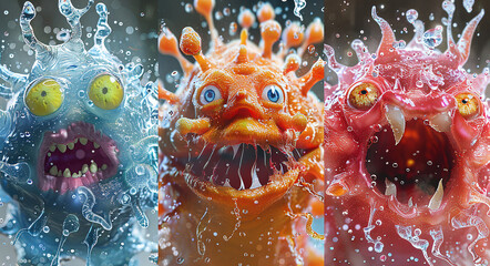 Four whimsical green monster figures with multiple eyes emerging from water, surrounded by lush vegetation.