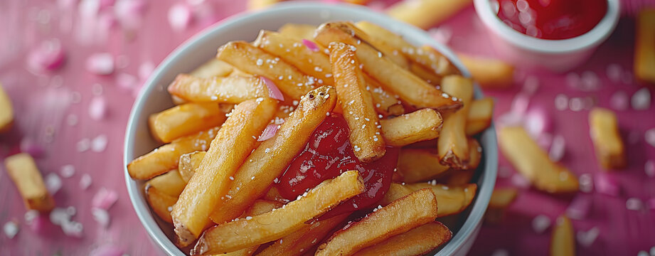 Bowl of crispy French fries with ketchup on a vibrant pink background.