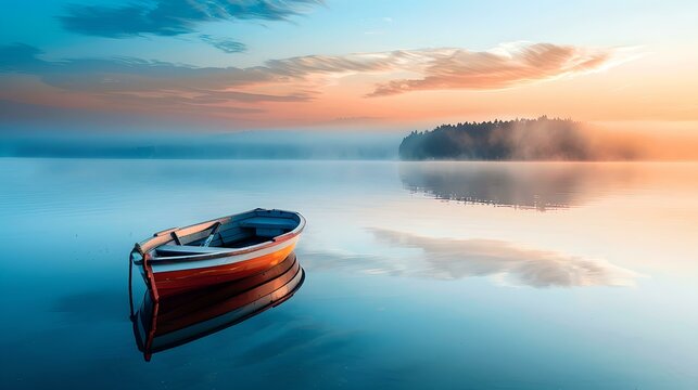 Serene lake scene at dawn with single boat, calm waters and mist. tranquil nature background. conceptual imagery by AI.
