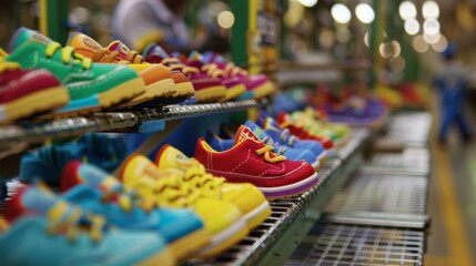 Fototapeta na wymiar Vibrant multi-colored sneakers lined up on a production line in a manufacturing plant, highlighting fashion industry.