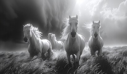 Three majestic white horses galloping in a dramatic black and white landscape with dynamic clouds. - obrazy, fototapety, plakaty
