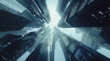 point of view of futuristic architectural skyscrapers, business centers in the middle of the city - obrazy, fototapety, plakaty