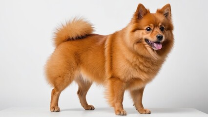 Orange german spitz dog on grey background