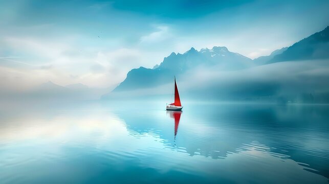 Serene lake landscape with red sailboat amidst misty mountains. calm, reflective water and tranquil scenery photography. AI