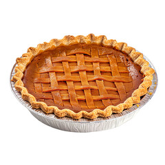 front view of a mouthwatering and delicious looking Sweet Potato Pie kept in a traditional pie tin food photography style isolated on a transparent white background