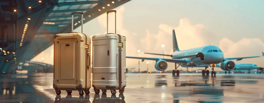 Two suitcases at an airport with a plane in the background, depicting travel and transportation themes.