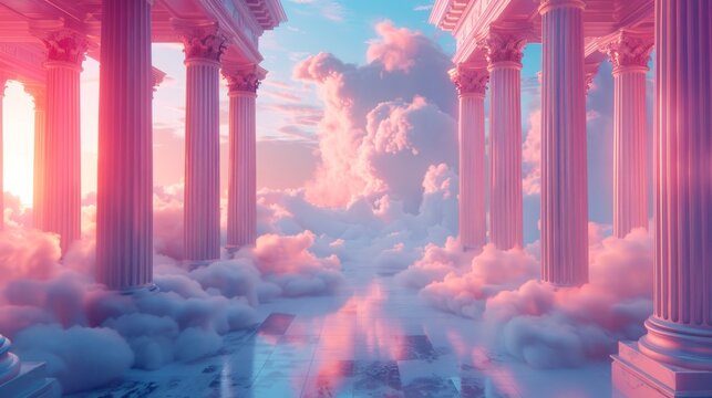 A 3D rendered scene with classical columns rising into a dreamy pastel sky filled with clouds