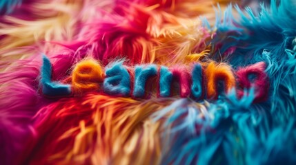 Colorful Fur Education concept creative horizontal art poster. Photorealistic textured word Learning on artistic background. Ai Generated Knowledge and Tutoring Horizontal Illustration.