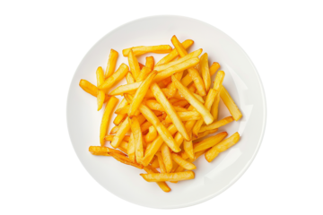 Potato french fries in a white ceramic plate top view isolated on white background