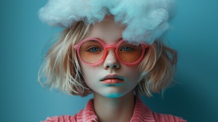 A distinctive portrait of a girl with a cloud over her head and stylish pink sunglasses