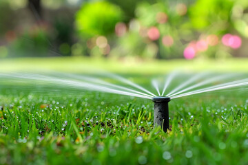 Automatic garden and grass water sprinkler system technology - obrazy, fototapety, plakaty