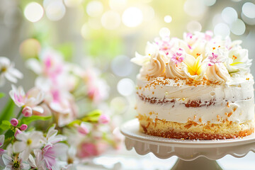 Obraz na płótnie Canvas Easter cake with floral spring background