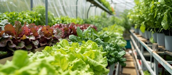 Various types of lettuce are thriving in a greenhouse, including leaf vegetables, flowering plants, and terrestrial plants.