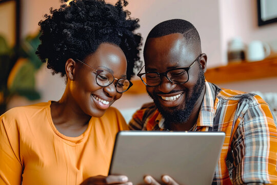 African American happy couple looking to the pc tablet