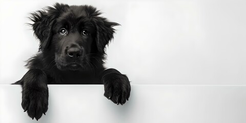 Charming black puppy peeking over edge, minimalistic style portrait. perfect for greetings or pet-related designs. AI