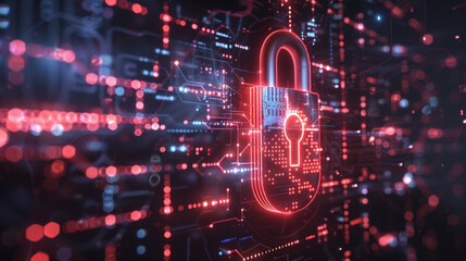 Obraz premium Futuristic cybersecurity padlock merging with digital circuits, embodying encryption and data protection in the digital age