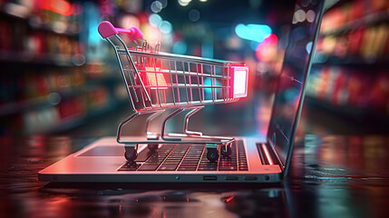 Digital shopping concept with a 3D shopping cart emerging from a laptop screen on a blurred store background.