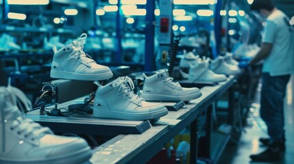 A detailed view of white sneakers in a row at a manufacturing plant with a worker inspecting.
