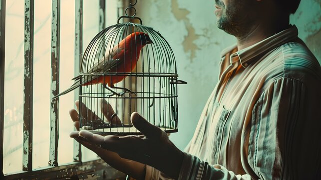 Man holding a birdcage with a red cardinal inside. symbolic image of freedom. vintage style photograph with a conceptual theme. AI