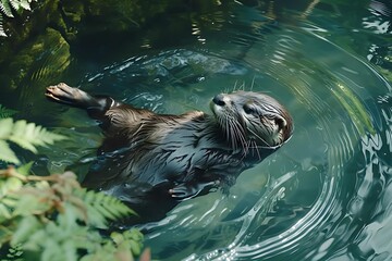 A playful otter floats on its back in a clear mountain stream, holding a stone, surrounded by green foliage, capturing a moment of joy.