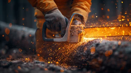 Abwaschbare Fototapete Dunkelbraun Skilled Worker Using Chainsaw on Logs