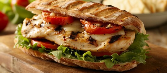 Delicious chicken sandwich with lettuce and tomatoes on a wooden table