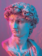 Classic statue illuminated with modern colored lighting, creating a juxtaposition of ancient and contemporary art