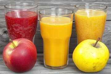 Fototapeta premium Three glasses with apple juice, orange juice and tomato juice. Nutrition. Grape juice. Dietitian. Fresh. Two ripe apples. Balanced diet. Health. Fruits. Citrus. Nutritional counseling. Nutritionist