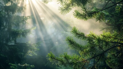 Mystical Forest Sunbeams Serene Nature Scene with Lush Greenery Background