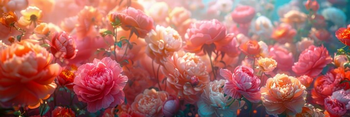 A panoramic view of a rose garden with a focus on the vivid and dreamlike quality of the flowers - obrazy, fototapety, plakaty