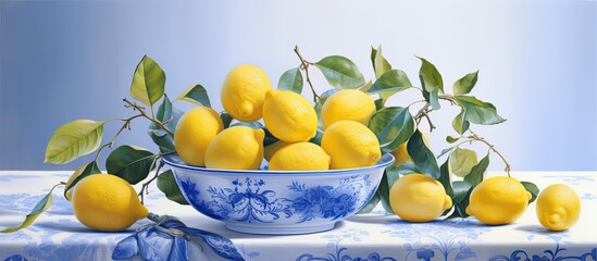 A painting featuring vibrant lemons placed in a blue and white bowl, showcasing a refreshing and exquisite composition. The lemons are the focal point, set against the contrasting colors of the bowl