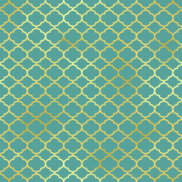 Traditional Islamic seamless pattern. Green and gold Turkish background. Mosque window golden gradient grid mosaic texture.