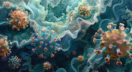 Abstract illustration of viruses in a fluid environment, showcasing a mix of colors and organic...