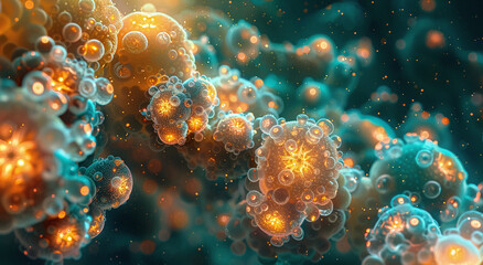 Obraz na płótnie Canvas Abstract illustration of viruses in a fluid environment, showcasing a mix of colors and organic shapes.
