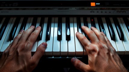 Close-up of musician's hands playing melodies on an electronic piano keyboard, showcasing talent...