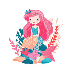Obraz na płótnie Canvas Cute drawing of a mermaid with pink hair holding a big beige shell and sitting on rocks with colorful seaweed. Watercolor character drawing of a girl's birthday watercolor for a greeting card or adver