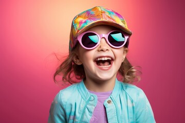 Positive little girl with a radiant smile in sunglasses and a summer cap on a blue background