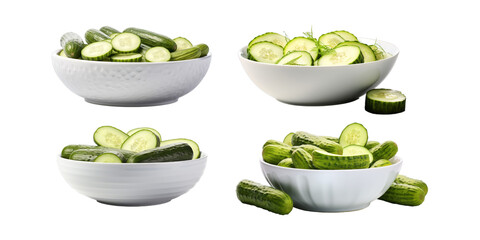 Collection of cucumber in white bowl isolated on a white background as transparent PNG