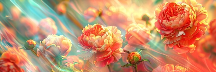 Colorful image featuring multiple peonies in bloom with a dynamic, abstract blurred background enhancing motion