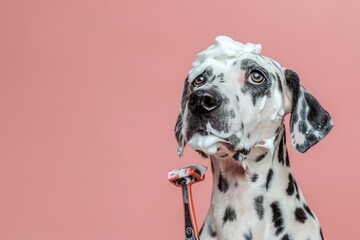 A whimsical photo of a Dalmatian dog covered in shaving foam, holding a razor