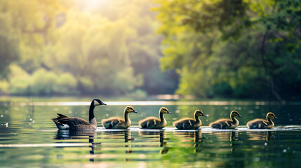 Side view of family of Nile geese swims. - obrazy, fototapety, plakaty