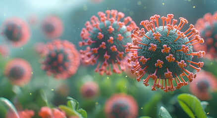 3D illustration of viruses with spike proteins, representing a microscopic view of pathogens in an atmospheric environment. - obrazy, fototapety, plakaty