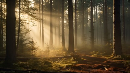 Luminous Rays Filtering Through Misty Forest