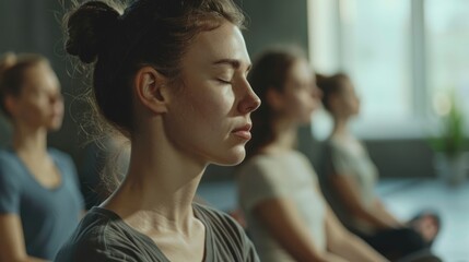 group of people meditating in yoga room - obrazy, fototapety, plakaty